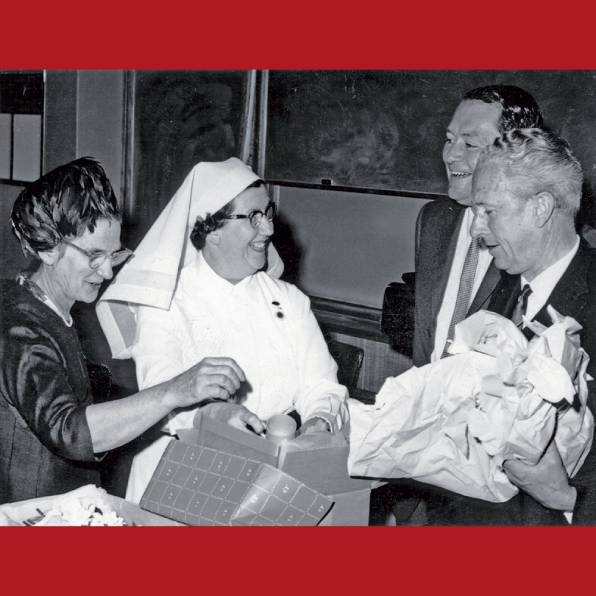  <strong>President of the Royal Children’s Hospital committee of management, Dame Elisabeth Murdoch; director of nursing, Joan Gendle; Dr LEG Sloan; and Mr Feint</strong>, 1965. The Royal Children’s Hospital Archives and Collections Department.