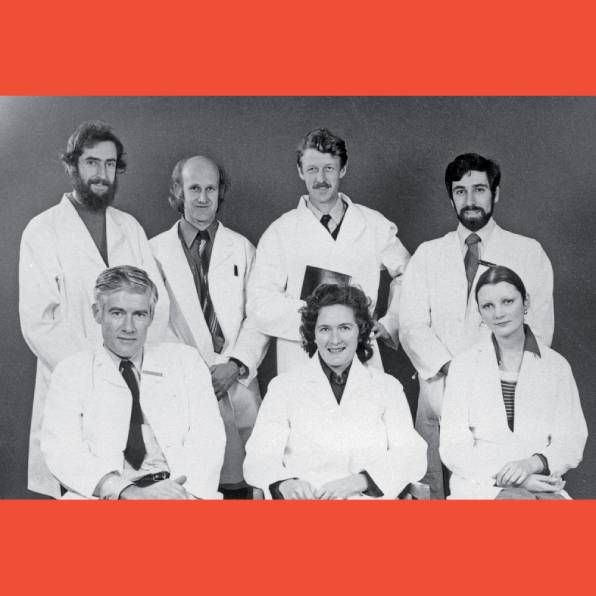 <strong>The gastroenterology research team</strong>, 1974. Image courtesy Ruth Bishop. The Royal Children’s Hospital Archives and Collections Department. Back, left to right: Brian Ruck, Max Murray, Ian Holmes, Geoff Davidson. Front: Rudge Townley, Ruth Bishop, Anneke Veenstra.