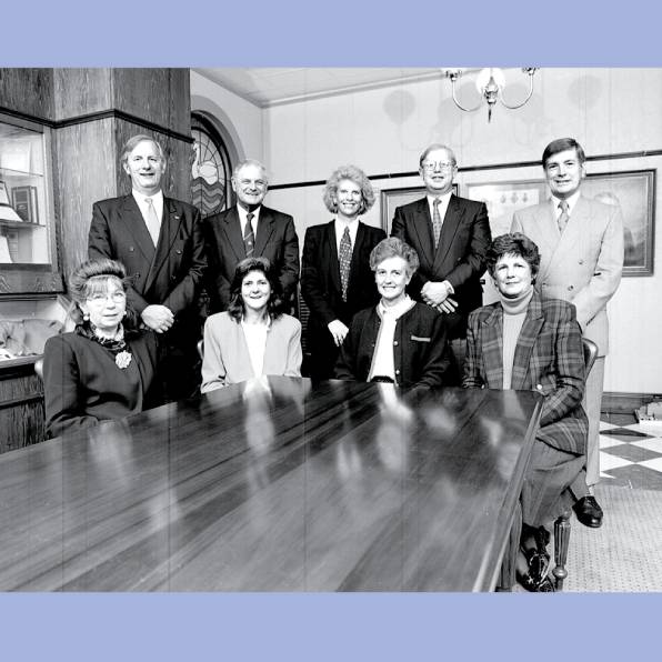 <strong>The last RCH board of management</strong>, July 1995. Back, left to right: Sandy Murdoch, Peter Moss, Lyndsey Cattermole, Glenn Bowes, Ivor Davies; front: Nola Horne, Kristine Honey, Davina Johnson, Carol Clendenin. The Royal Children’s Hospital Archives and Collections Department.
