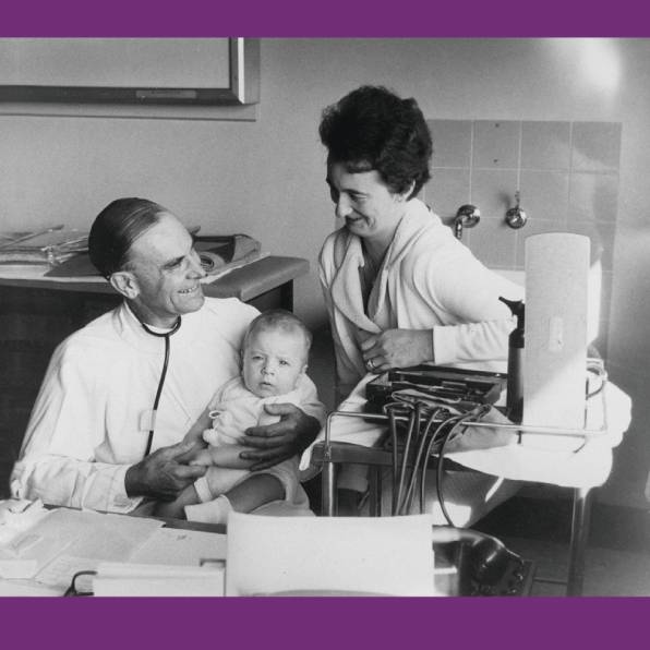 <strong>Dr Howard Williams with patient and mother</strong>, c. 1970. The Royal Children’s Hospital Archives and Collections Department.