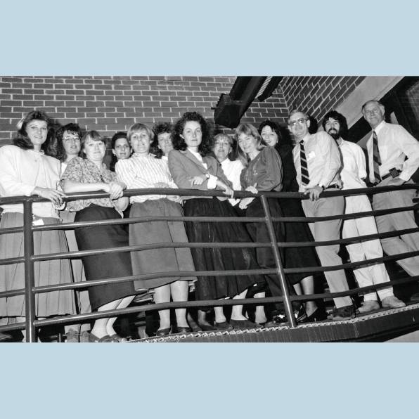 
 <strong>Staff of the Centre for Adolescent Health</strong>, 1992. Left to right: Sharon McNaughton, Elizabeth Davies, Trish Morton, Kylie Han, Judith Davey, Joanna Caust, Stephanie Jones, Margaret Mahoney, Marianne Hibbert, Shannon Brostman, Glenn Bowes, Rodney Stephenson, John Court. The Royal Children’s
  Hospital Archives and Collections Department.
