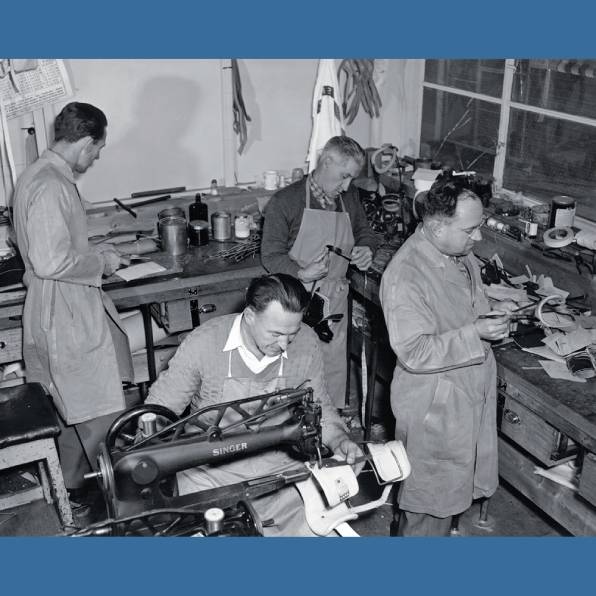 
 <strong>Royal Children’s Hospital splint shop technicians</strong>, c. 1950s. Photograph by Laurie Richards Studio. The Royal Children’s Hospital Archives and Collections Department.
