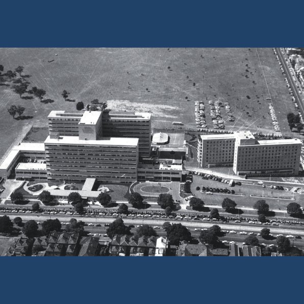  <strong>The Royal Children’s Hospital at Parkville, seen from the air on opening day, 25 February 1963</strong>. The Royal Children’s Hospital Archives and Collections Department.
