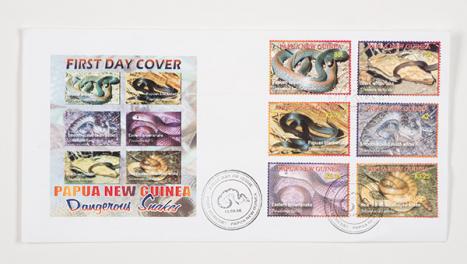 Papua New Guinea Philatelic Bureau, First day cover Papua New Guinea dangerous snakes, 13 September 2006; postage stamps; 21.0 × 10.0 cm. AVRU Collection, University of Melbourne