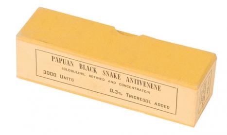 CSL, Papuan black snake antivenene, 1960; antivenom, glass, cardboard; 12.5 × 3.5 × 3.5 cm