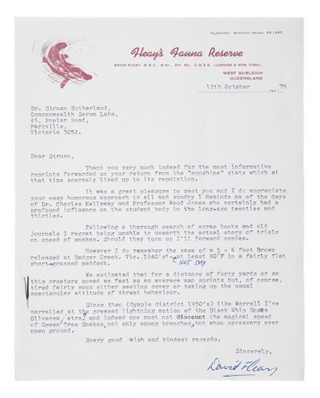 Fleay’s Fauna Reserve, Letter to Struan Sutherland, Commonwealth Serum Laboratories, Parkville from David Fleay on the speed of a black whip snake, 12 October 1978; ink on paper; 26.0 × 20.5 cm. AVRU Collection, University of Melbourne