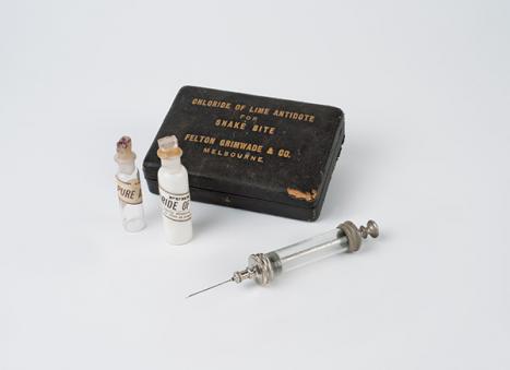 Felton Grimwade & Co., Melbourne, Chloride of lime antidote for snake bite, c. 1895; glass, metal, leather and wood; 3.1 × 12.7 × 9.2 cm. Medical History Museum, MHM03933