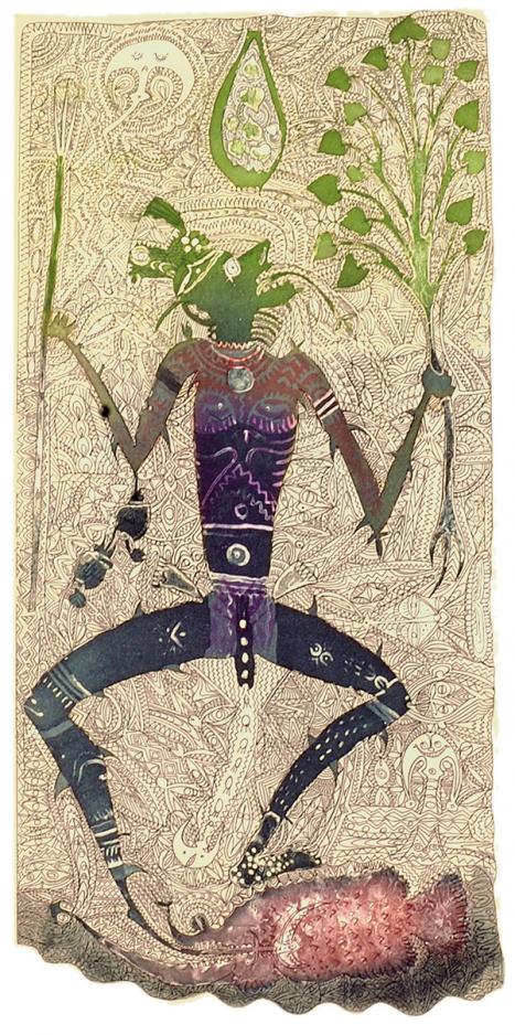 Dennis NONA Badu, Torres Strait Islands b.1973 Uzu Piu (Stone Fish Medicine) 2005 etching, hand coloured Basil Hall Editions Darwin, A/P The Australian Art Print Network Collection
