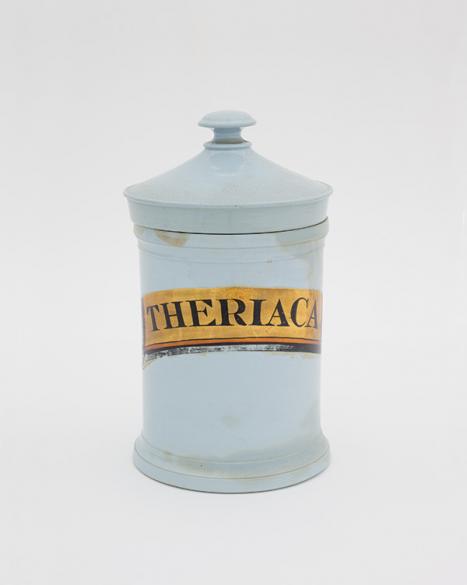 Theriaca jar, c. 1880; ceramic; 25.8 × 14.2 × 15.0 cm. Medical History Museum, MHM01235