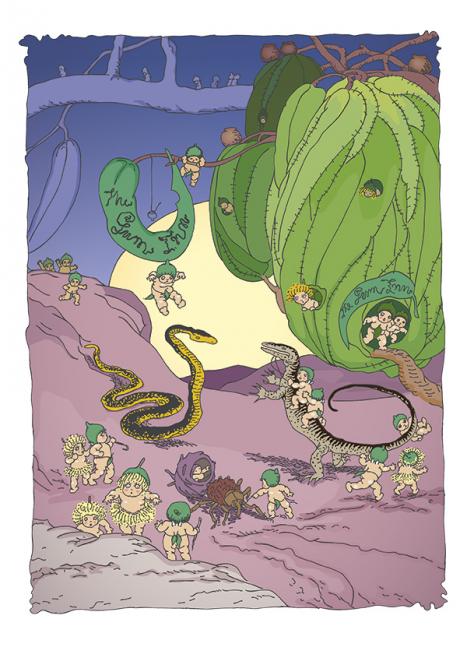 May Gibbs sketch, 1920, Snugglepot and Cuddlepie defeat the evil Mrs Snake; digitally recreated. © The Northcott Society and the Cerebral Palsy Alliance 2013